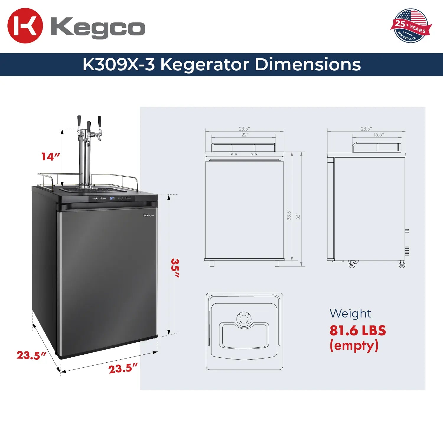 24" Wide Triple Tap Black Stainless Steel Digital Kegerator