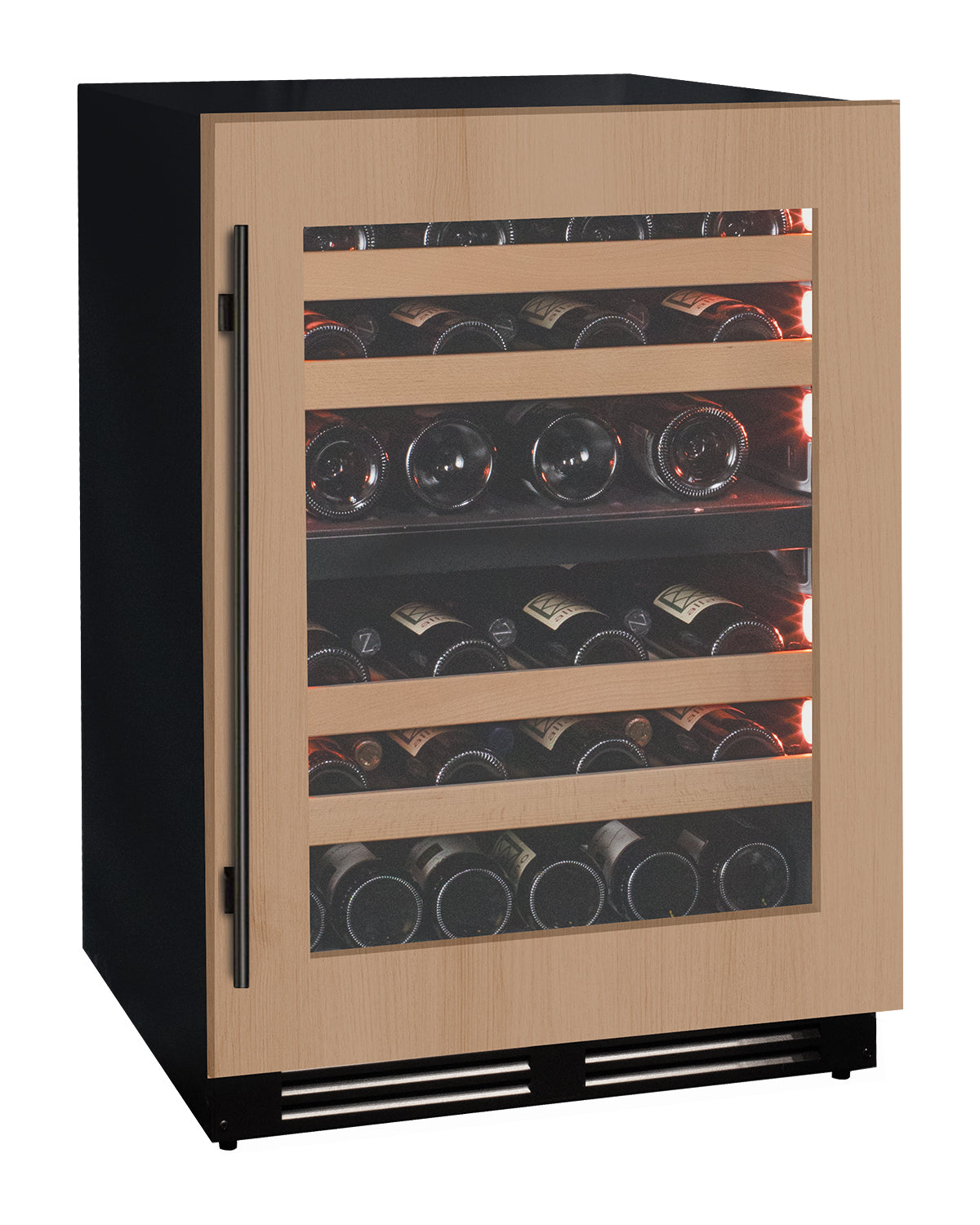 Wine cooler with glass door displaying wine bottles on a white background
