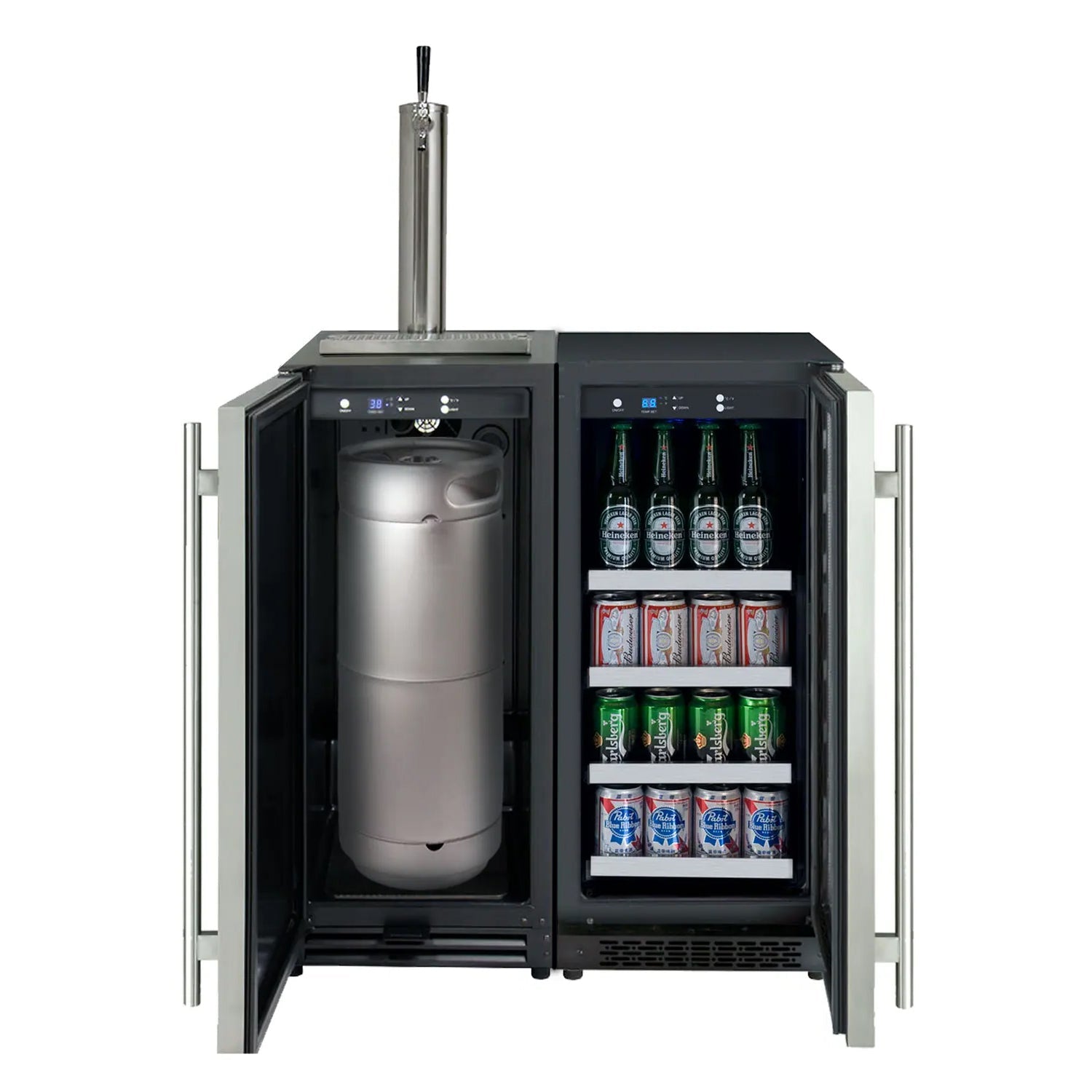30" Wide Side-by-Side Beverage Center and Single Tap Left Hinge Kegerator