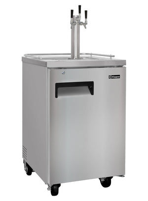 Stainless steel beer dispenser with two taps on a white background