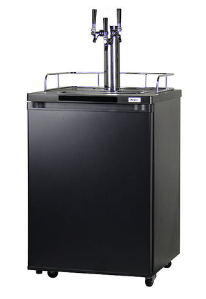 Black beer dispenser with three taps on a white background
